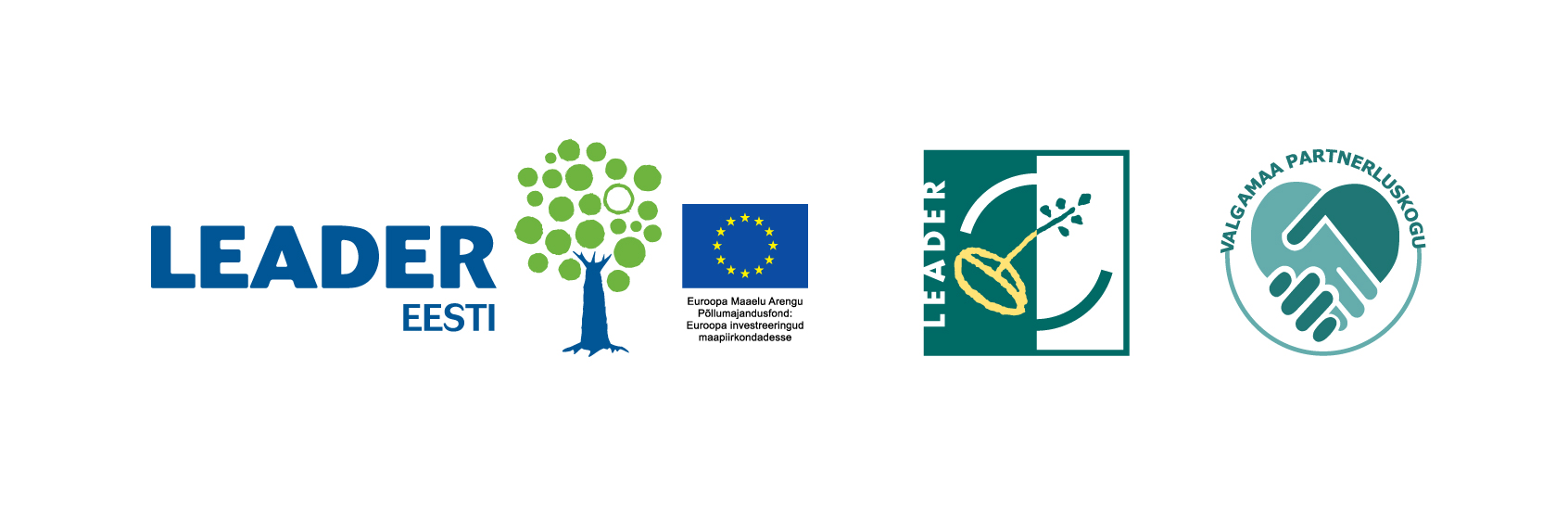 pildil LEADER EESTI logo koos Euroopa Liidu lipuga, lisaks Valgamaa partnerluskogu logo (ühendatud käed)